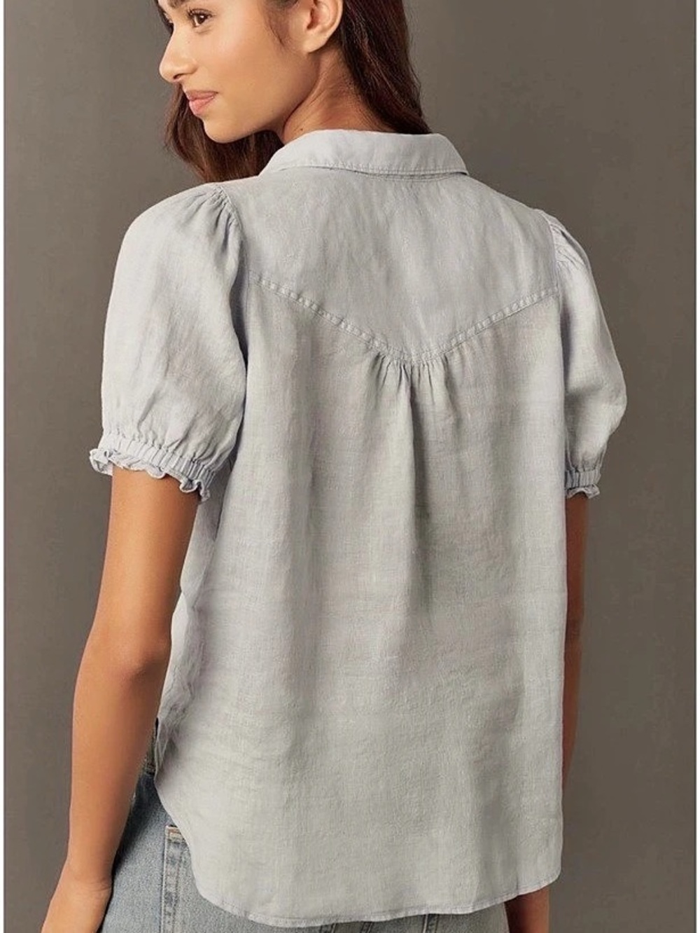 Pilcro Aly 100% Linen Puff-Sleeve Blouse Blue Small